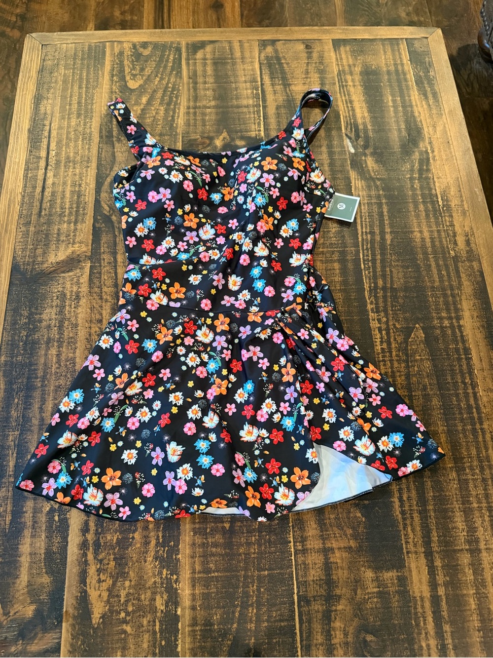 Black Floral One-Piece Swimdress with Adjustable Straps